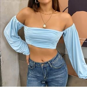 Size M (US 6) Never Worn Baby Blue Lantern Sleeve Ruched Crop Top